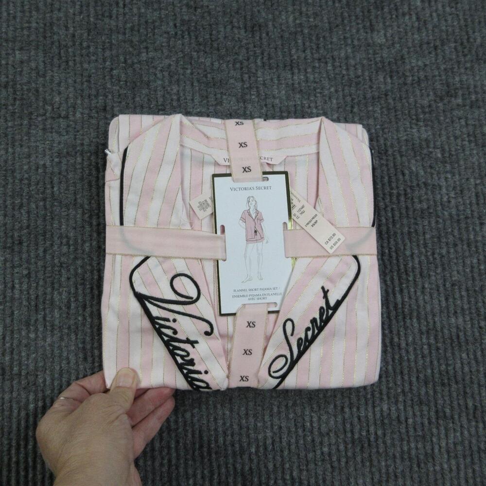 Victoria's Secret Pajama Set Womens XS Pink Striped Flannel Short Sleeve NWT